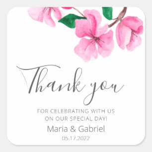 Cherry Blossom. Elegant  floral Wedding Thank You Square Sticker