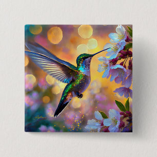 Cherry Blossom Fantasy Hummingbird 15 Cm Square Badge