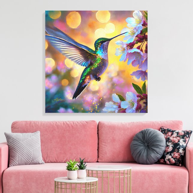 Cherry Blossom Fantasy Hummingbird Canvas Print (Insitu(LivingRoom))