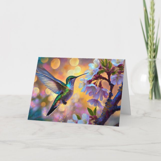 Cherry Blossom Fantasy Hummingbird Card (Front)