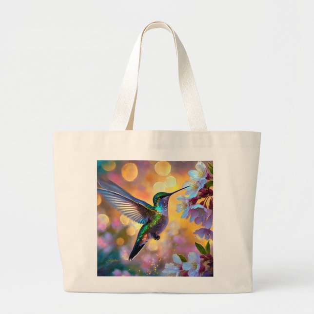Cherry Blossom Fantasy Hummingbird Large Tote Bag (Front)