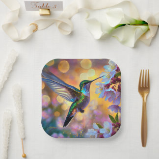 Cherry Blossom Fantasy Hummingbird Paper Plate