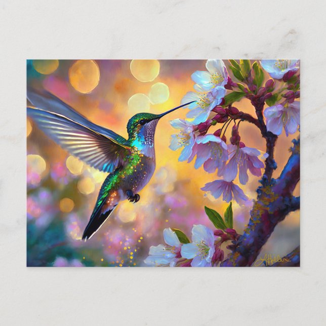 Cherry Blossom Fantasy Hummingbird Postcard (Front)