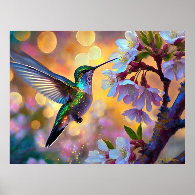 Cherry Blossom Fantasy Hummingbird Poster (Front)
