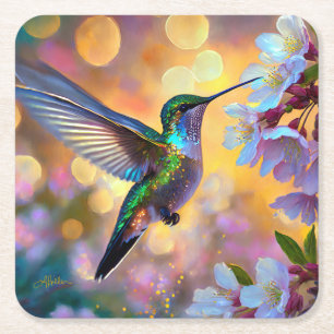 Cherry Blossom Fantasy Hummingbird Square Paper Coaster