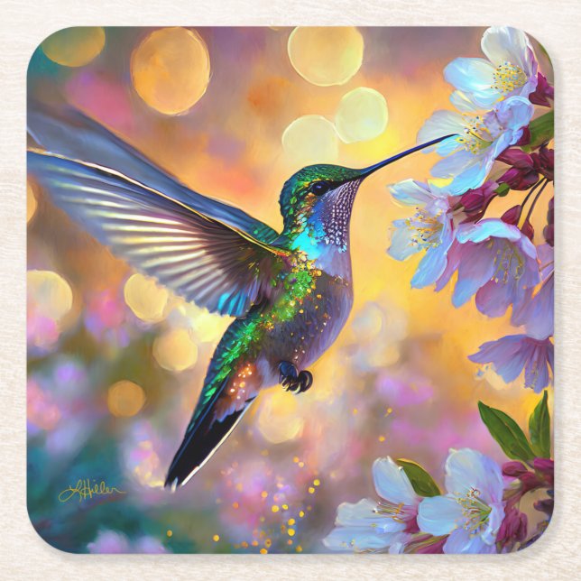 Cherry Blossom Fantasy Hummingbird Square Paper Coaster (Front)