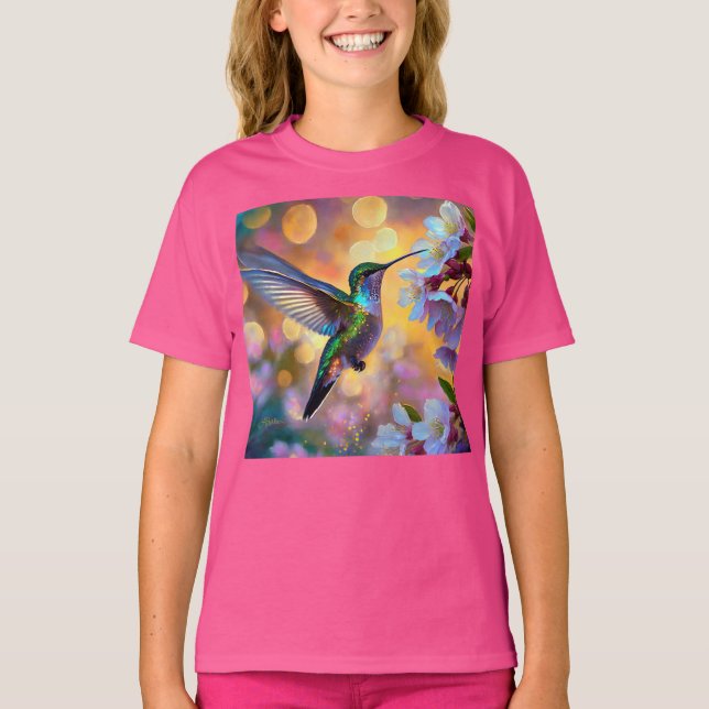 Cherry Blossom Fantasy Hummingbird T-Shirt (Front)