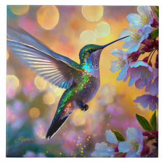 Cherry Blossom Fantasy Hummingbird Tile