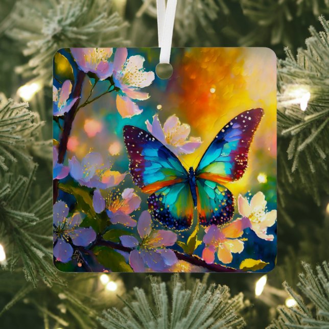Cherry Blossom Fantasy Sunrise Butterfly Metal Tree Decoration (Insitu)