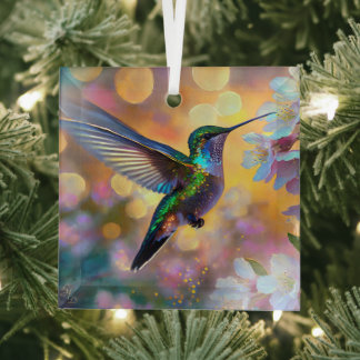 Cherry Blossom Fantasy Sunrise Hummingbird Glass Tree Decoration