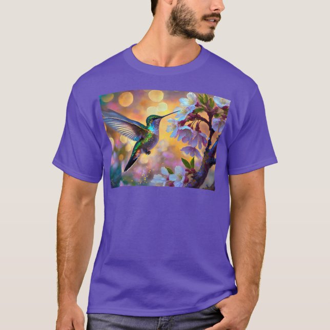 Cherry Blossom Fantasy Sunrise Hummingbird T-Shirt (Front)