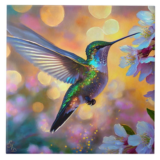 Cherry Blossom Fantasy Sunrise Hummingbird Tile (Front)