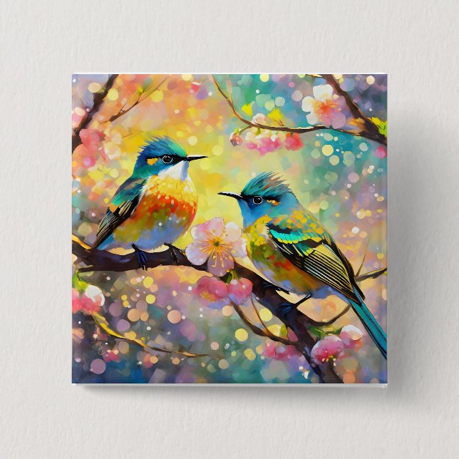 Cherry Blossom Fantasy Sunrise Songbirds 15 Cm Square Badge (Front)