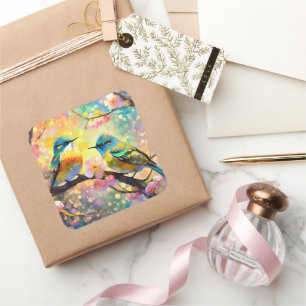 Cherry Blossom Fantasy Sunrise Songbirds Square Sticker