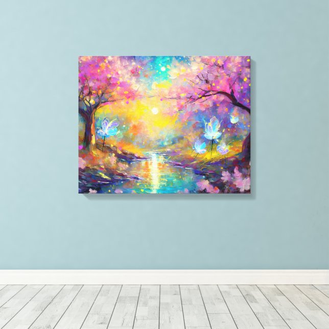 Cherry Blossom Fantasy Sunrise Stream Canvas Print (Insitu(Wood Floor))
