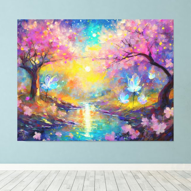 Cherry Blossom Fantasy Sunrise Stream Canvas Print (Insitu(Wood Floor))