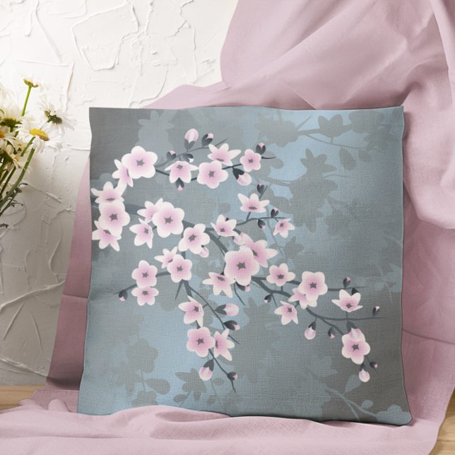 Cherry Blossom Floral Dusty Pink  Dusty Blue  Cushion (Creator Uploaded)