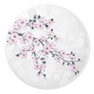 Cherry Blossom Floral Dusty Pink White Ceramic Knob