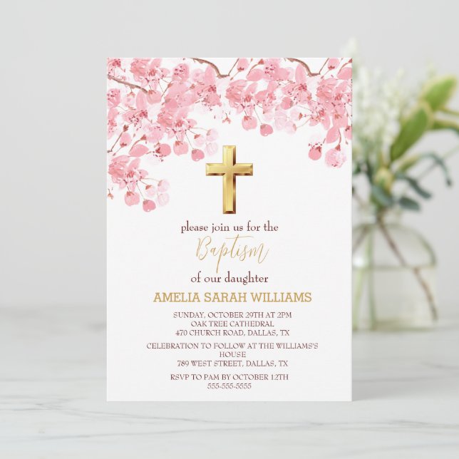 Cherry Blossom Floral Elegant Cross Girl Baptism  Invitation (Standing Front)