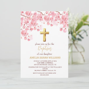 Cherry Blossom Floral Elegant Cross Girl Baptism Invitation