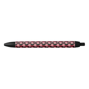 Cherry Blossom Floral Pattern, Pink Flowers Black Ink Pen