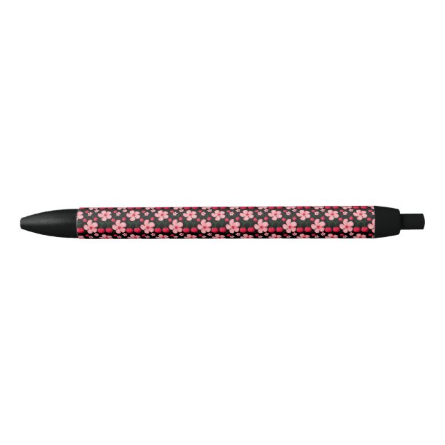 Cherry Blossom Floral Pattern, Pink Flowers  Black Ink Pen (Front)