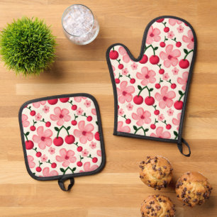 Cherry Blossom Floral Pattern, Pink Flowers Oven Mitt & Pot Holder Set