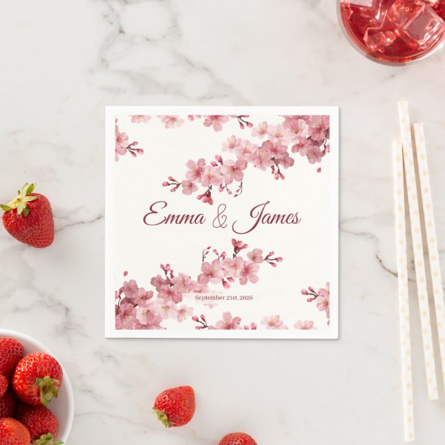 Cherry Blossom Floral Personalised Wedding Napkins (Insitu)
