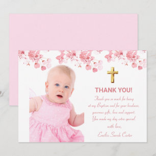 Cherry Blossom Floral Photo Cross Girl Baptism Thank You Card