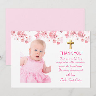 Cherry Blossom Floral Photo Cross Girl Baptism Thank You Card