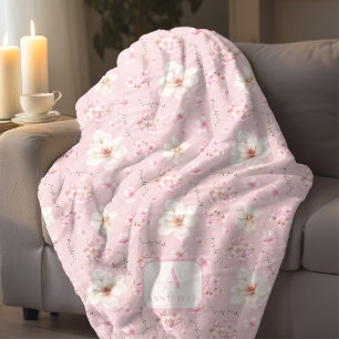 Cherry Blossom Floral Sakura Spring Monogram Pink Fleece Blanket