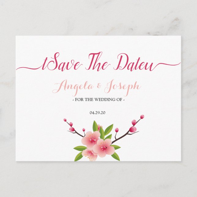 Cherry Blossom  floral Save the Date Postcard (Front)