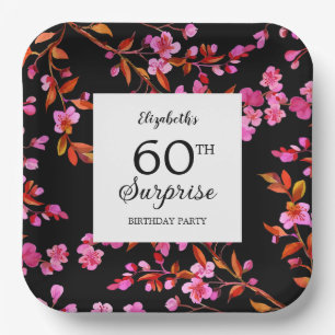 Cherry Blossom Floral Surprise Black Birthday  Paper Plate