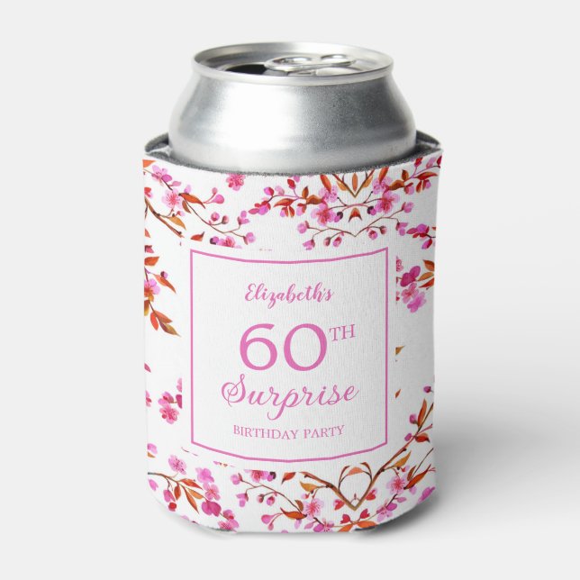 Cherry Blossom Floral Surprise Pink Birthday  Can Cooler (Can Front)