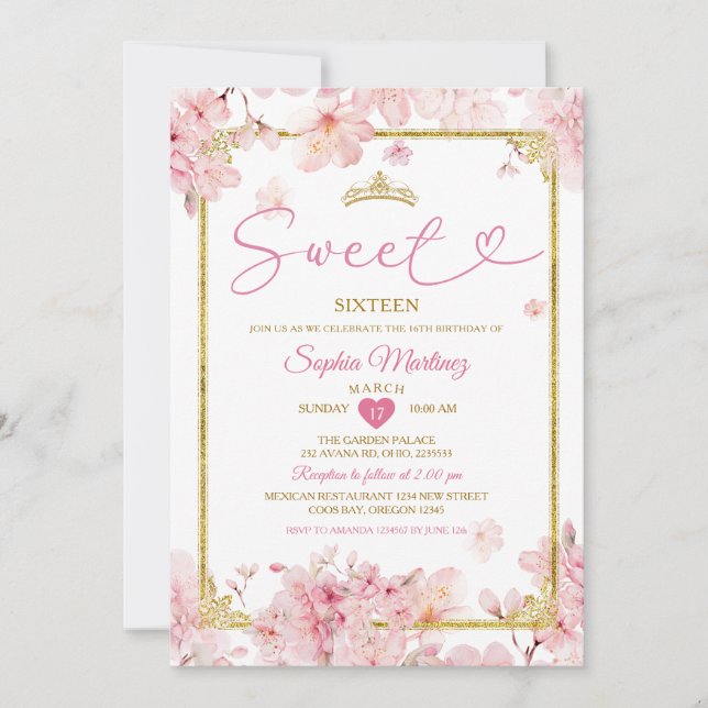 Cherry Blossom Floral Sweet 16th Girl Birthday Invitation (Front)