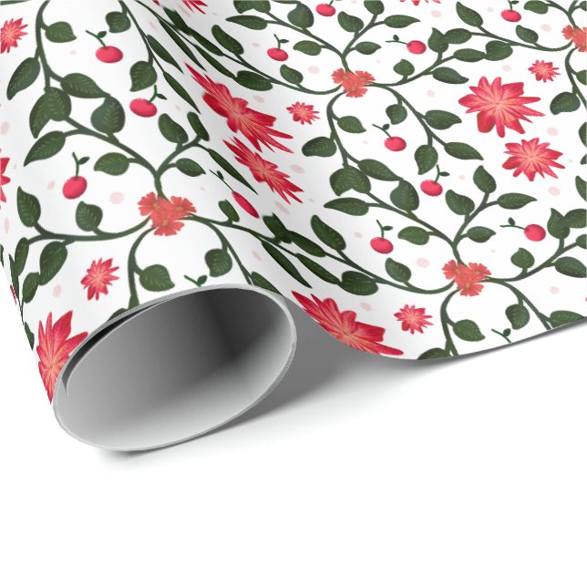 Cherry Blossom Floral Vine Pattern with Cherries Wrapping Paper (Roll Corner)