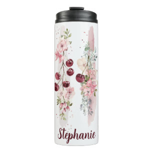 Cherry Blossom Floral Watercolor, Add Name Thermal Tumbler