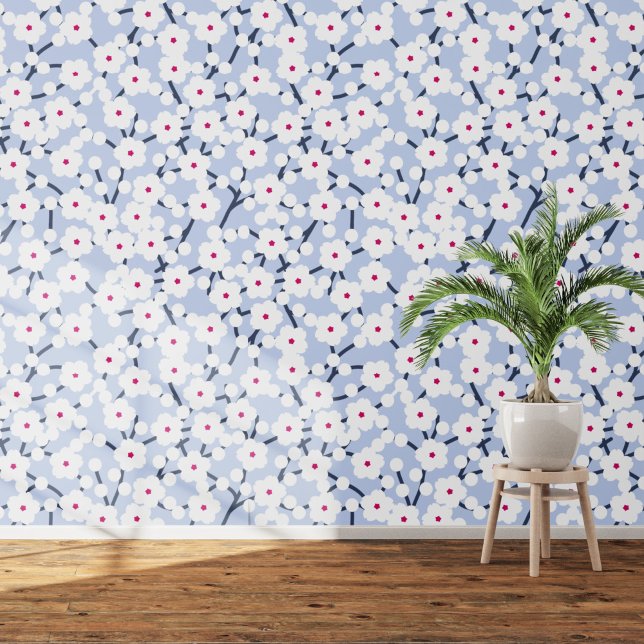 Cherry Blossom Floral White on Blue Wallpaper (White on blue cherry blossom art wallpaper)