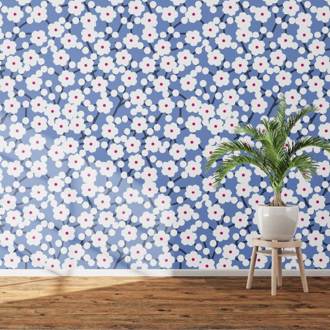 Cherry Blossom Floral White on Sky Blue Wallpaper (White and blue cherry blossom art wallpaper)