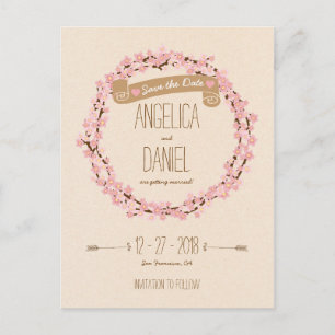 Cherry Blossom Flower Wreath Rustic Wedding Announcement Postcard