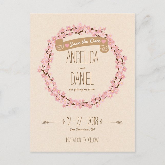 Cherry Blossom Flower Wreath Rustic Wedding Announcement Postcard (Front)