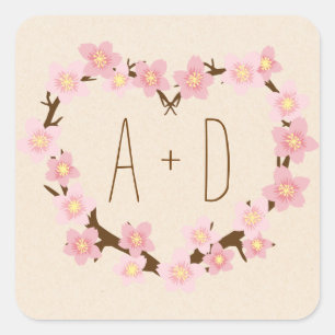 Cherry Blossom Flower Wreath Rustic Wedding Square Sticker