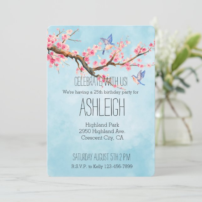 Cherry Blossom Flowers Birds Birthday Invitation (Standing Front)