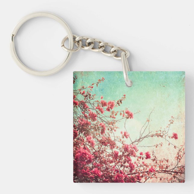Cherry Blossom Flowers Floral Red Blue Key Chain (Front)