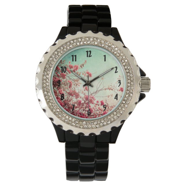 Cherry Blossom Flowers Floral Red Blue Wrist Watch (Front)