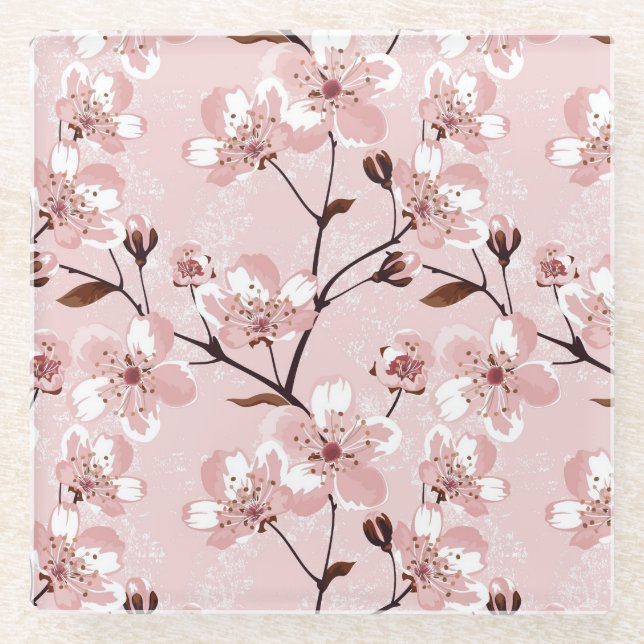 Cherry Blossom Flowers Pattern Glass Coaster (Front)