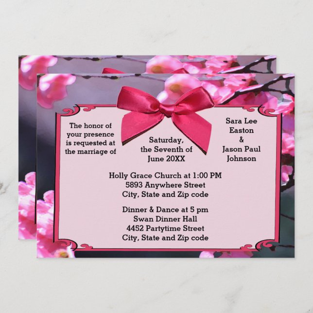 Cherry Blossom Frame & Pink Bow Wedding Invitation (Front/Back)
