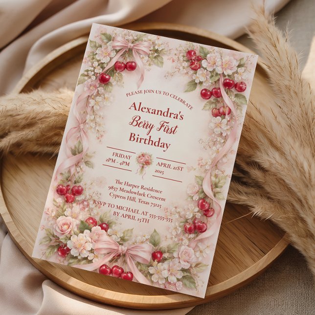 Cherry Blossom Garden Girl 1st Birthday Invitation (Creator Uploaded)