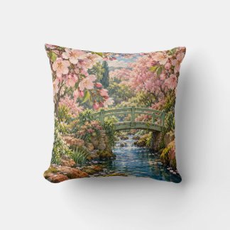 Cherry Blossom Garden Green Bridge Sunny Stream Cushion