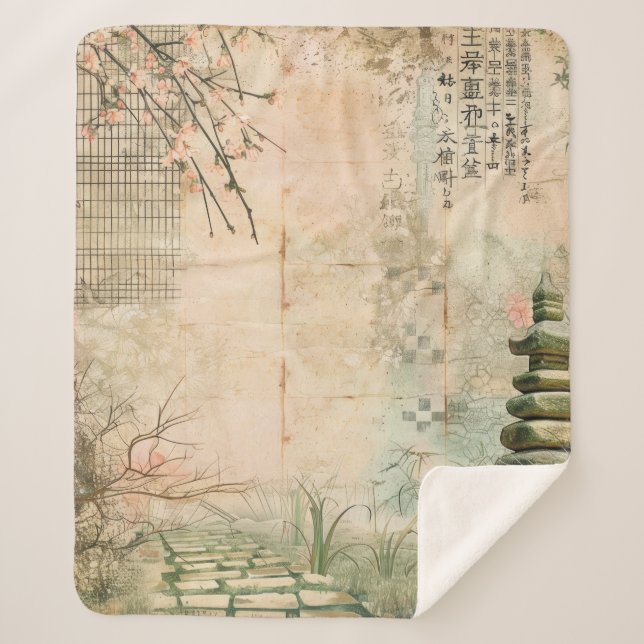 Cherry Blossom Garden Scene (2) Sherpa Blanket (Front)